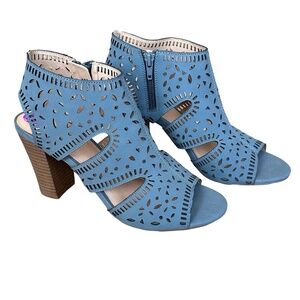 EUC XOXO Bloom Cut Out Block Heeled Peep Toe Sandal Boot Blue-Gray 8.5